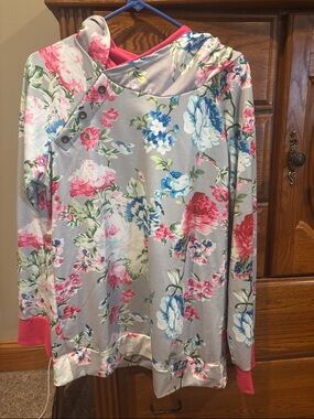 Floral Cowl Neck Sweater Hoodie in Gray and Pink